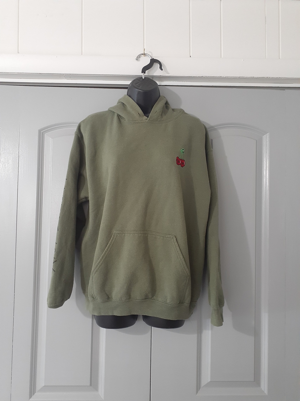 riot society Olive Green Hoodie with Red Cherry Skull Embroidery